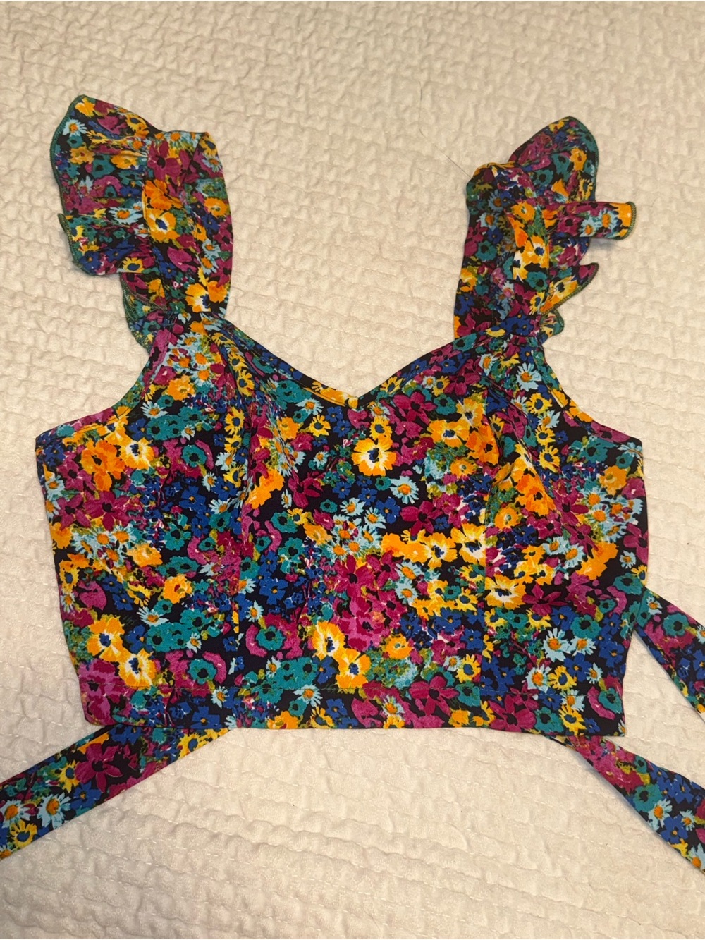 SHEIN Floral Tie-Back Crop Top - Yellow, Teal, Pink